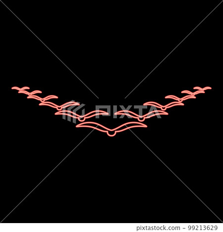 Neon flock of birds flying in the sky in wedge key Leadership concept Migration silhouette red color vector illustration image flat style Neon flock of birds flying in the sky in wedge key Leadership concept Migration silhouette red color vector illustration image flat style 99213629