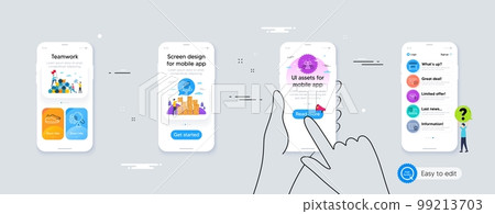 Set of Friends chat, Approved documentation and Market sale line icons. Phone ui interface. Include Teamwork chart, Certificate, Gift icons. Fingerprint, Shoes, Quick tips web elements. Vector 99213703