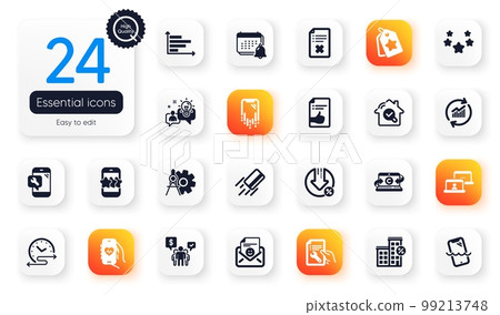Set of Technology flat icons. Cogwheel dividers, Reject file and Star elements for web application. Notification, Smartphone waterproof, Stars icons. Phone repair, Idea. Vector Set of Technology flat icons. Cogwheel dividers, Reject file and Star elements for web application. Notification, Smartphone waterproof, Stars icons. Phone repair, Idea. Vector 99213748