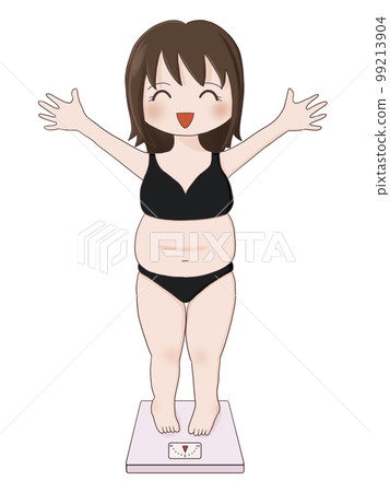 A woman who is happy to get on the weight scale (chubby body) 99213904