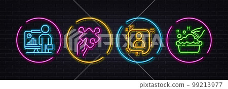 Developers chat, Teacher and Puzzle minimal line icons. Neon laser 3d lights. Hand washing icons. For web, application, printing. Manager talk, Conference, Jigsaw game. Laundry basin. Vector 99213977