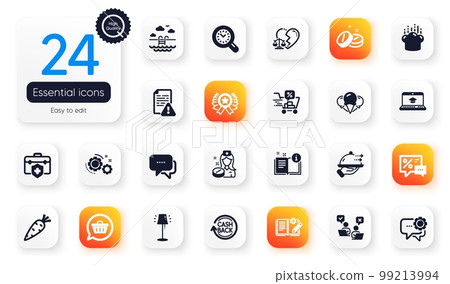 Set of Business flat icons. Divorce lawyer, Swimming pool and Medical insurance elements for web application. Employees messenger, Medical tablet, Discounts cart icons. Cashback. Vector 99213994