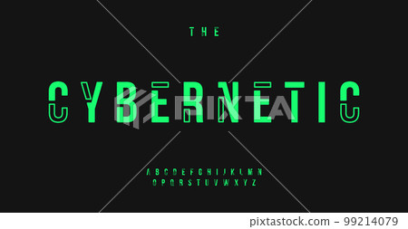 Cyber alphabet, futuristic high letters, geometric font for cybernetic logo, HUD text, electronic tech monogram, hitech headline, matrix typography, hacker typo graphic. Vector typographic design 99214079