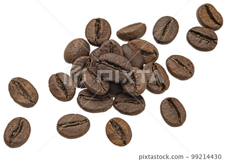 Coffee beans isolated on white, top view, full depth of field 99214430