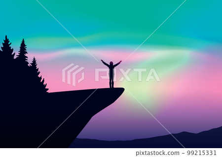 girl on a cliff looks in the colorful starry sky with aurora borealis girl on a cliff looks in the colorful starry sky with aurora borealis 99215331