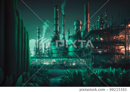 view of industrial landscape at night, chemical and petrochemical industry plant with green growing plants, generative ai view of industrial landscape at night, chemical and petrochemical industry plant with green growing plants, generative ai 99215381