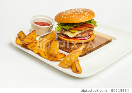 beef burger and french fries on wooden table  on white background 99215484