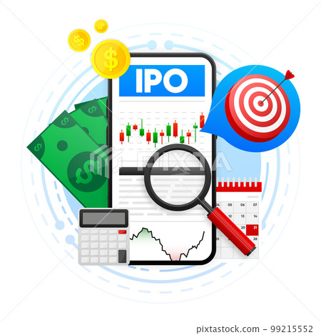 IPO concept. IPO is Initial Public Offering. Company go public in stock market. Investment new stock, businessman, trader, trading stock on IPO. Vector illustration. 99215552