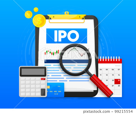 IPO concept. IPO is Initial Public Offering. Company go public in stock market. Investment new stock, businessman, trader, trading stock on IPO. Vector illustration. IPO concept. IPO is Initial Public Offering. Company go public in stock market. Investment new stock, businessman, trader, trading stock on IPO. Vector illustration. 99215554