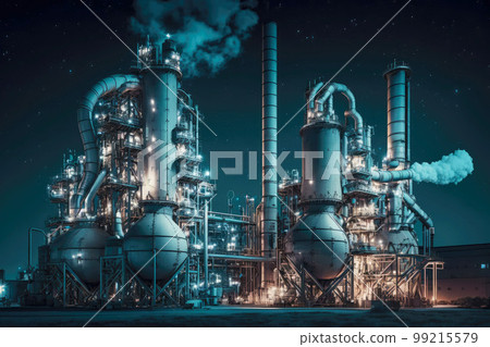 chemical plant smokestacks installation at night, chemical industry, generative ai 99215579