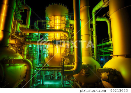 reactor distillation columns of chemical industry plant with luminous yellow lights, generative ai reactor distillation columns of chemical industry plant with luminous yellow lights, generative ai 99215633
