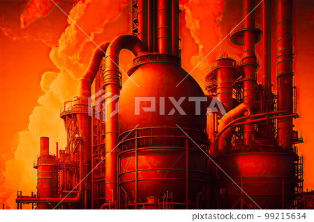 image of chemical factory, industry area on red background, generative ai image of chemical factory, industry area on red background, generative ai 99215634