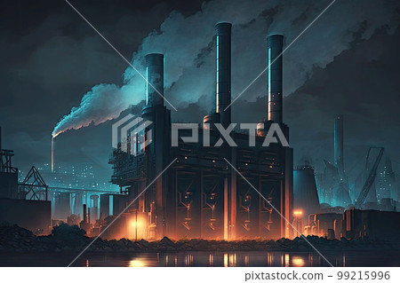 industry business factory at night with smoking chimney and illuminated skyscraper background, generative ai 99215996