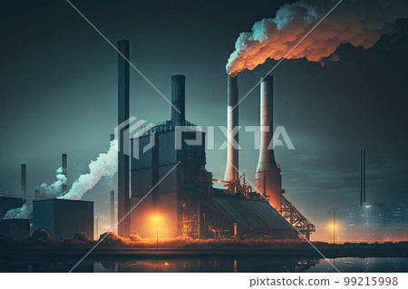 industry business factory at night with smoking chimney and illuminated skyscraper background, generative ai 99215998