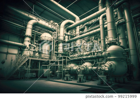 picture of factory workshop of chemical industry with oil pipes and pumps, generative ai 99215999