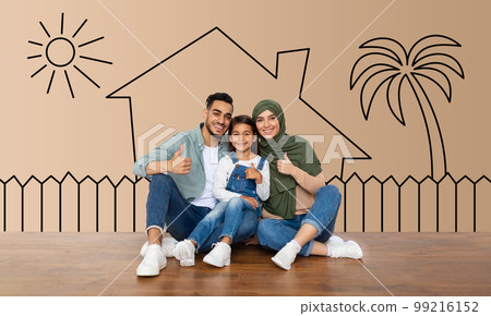 Happy muslim man, woman and girl showing thumb up 99216152