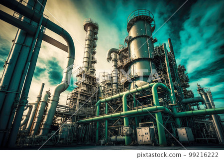 pipelines, towers and process equipment of oil and chemical industry in plant, generative ai 99216222