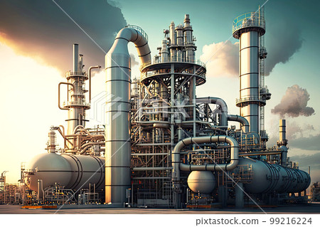 pipelines, towers and process equipment of oil and chemical industry in plant, generative ai 99216224