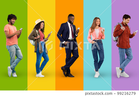 Diverse Multiethnic People Using Smartphones While Standing Over Colorful Backgrounds 99216279