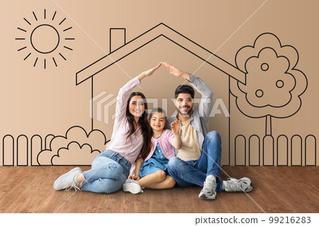 Happy family moving to their own home, collage 99216283