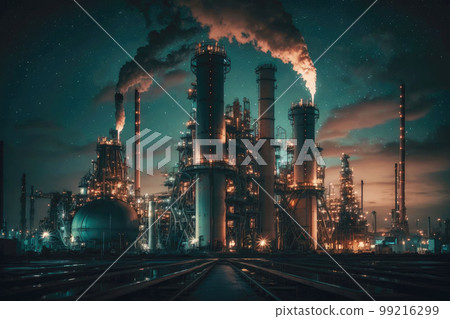 night shot of smokestacks at petrochemical plant, generative ai night shot of smokestacks at petrochemical plant, generative ai 99216299