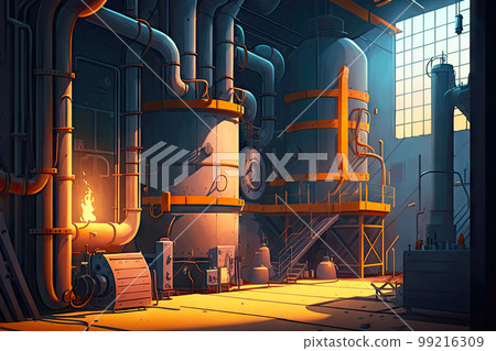 chemical factory and oil industry workshop interior with furnaces, pipes and pumps for processing, generative ai 99216309