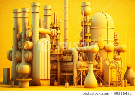 yellow factory with towers and pipelines, industry plant closeup, generative ai 99216483