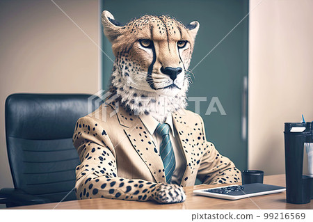 portrait of cheetah in business suit at the office desk, generative ai 99216569