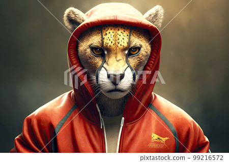 portrait of cheetah in a tracksuit and boxing gloves around his neck, generative ai portrait of cheetah in a tracksuit and boxing gloves around his neck, generative ai 99216572