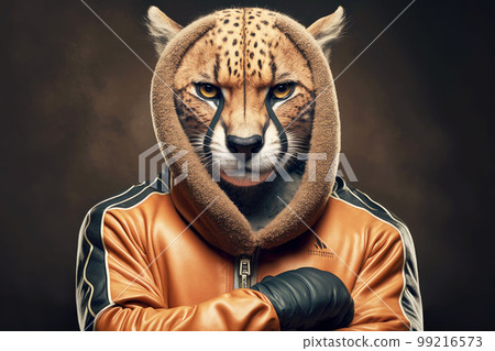 portrait of cheetah in a tracksuit and boxing gloves around his neck, generative ai 99216573