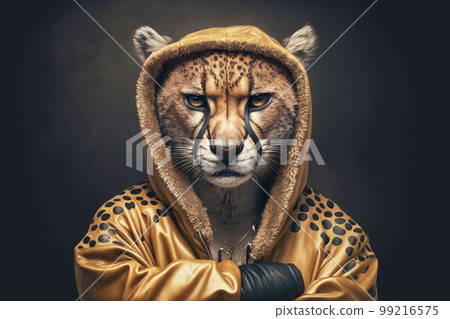 portrait of cheetah in a tracksuit and boxing gloves around his neck, generative ai portrait of cheetah in a tracksuit and boxing gloves around his neck, generative ai 99216575