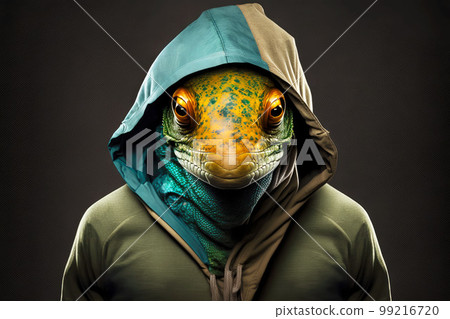 portrait of chameleon in sportswear and a hood, generative ai 99216720