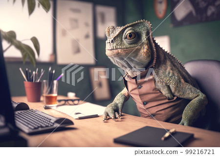 portrait of chameleon in business suit at the office desk, generative ai portrait of chameleon in business suit at the office desk, generative ai 99216721