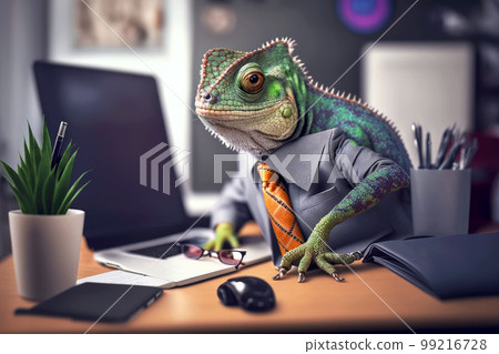 portrait of chameleon in business suit at the office desk, generative ai 99216728