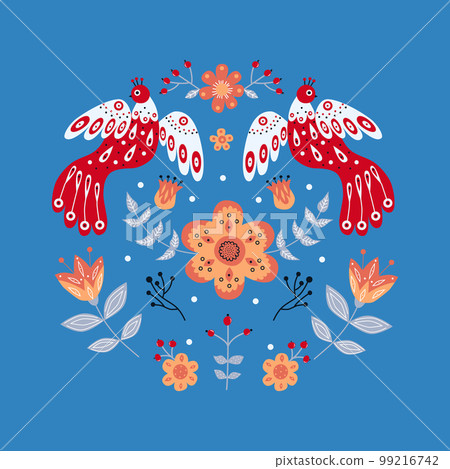 Vector ornament with various birds, flowers and leaves with different folk compositions. Motif in scandinavan style. Ethnic flat illustration with nordic detailed in trendy colors Vector ornament with various birds, flowers and leaves with different folk compositions. Motif in scandinavan style. Ethnic flat illustration with nordic detailed in trendy colors 99216742
