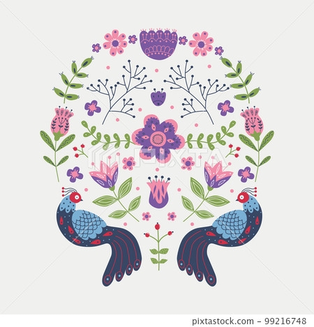Vector ornament with birds, flowers and leaves with different folk compositions. Motif in scandinavan style. Ethnic flat illustration with nordic detailed in trendy colors Vector ornament with birds, flowers and leaves with different folk compositions. Motif in scandinavan style. Ethnic flat illustration with nordic detailed in trendy colors 99216748