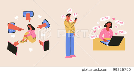 Cyber bullying and online abuse concepts. Upset. shame and crying people take haters messages and dislike in social media. Flat vrctor illustration of internet problems, victim of mass media Cyber bullying and online abuse concepts. Upset. shame and crying people take haters messages and dislike in social media. Flat vrctor illustration of internet problems, victim of mass media 99216790