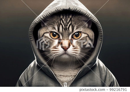 portrait of cat in sportswear and a hood, generative ai portrait of cat in sportswear and a hood, generative ai 99216791