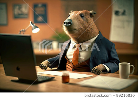 portrait of capybara in business suit at the office desk, generative ai 99216830