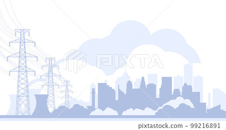 Electric towers and city skyline, high voltage power line pylons, town power supply, vector 99216891