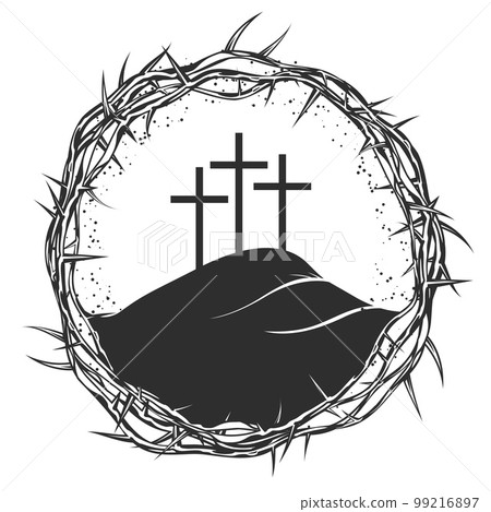 Mount Calvary in frame of Crown of thorns, Jesus Christ crucifixion, easter religious symbol of Christianity, Golgotha and crucifixion thorn, vector Mount Calvary in frame of Crown of thorns, Jesus Christ crucifixion, easter religious symbol of Christianity, Golgotha and crucifixion thorn, vector 99216897