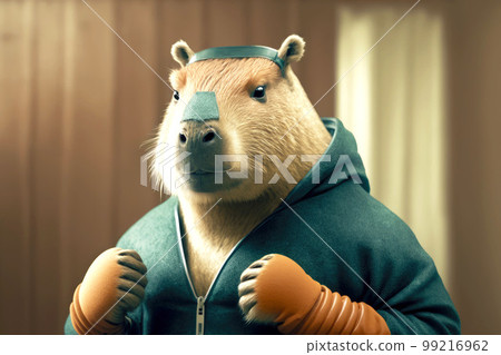 portrait of capybara in a tracksuit and boxing gloves around his neck, generative ai 99216962