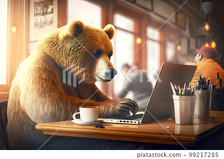 portrait of brown bear work at laptop in cafe, generative ai portrait of brown bear work at laptop in cafe, generative ai 99217285