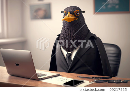 portrait of blackbird in business suit at the office desk, generative ai 99217335