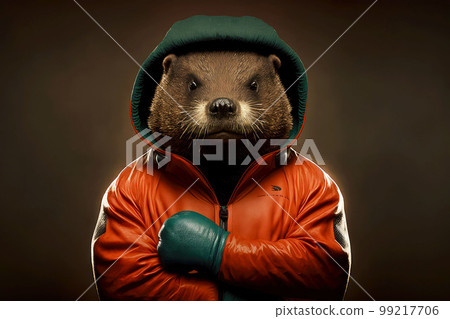 portrait of beaver in a tracksuit and boxing gloves around his neck, generative ai 99217706