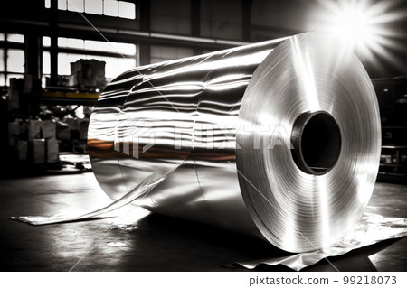 long brightly shining rolled aluminum foil in warehouse of aluminum industry factory, generative ai long brightly shining rolled aluminum foil in warehouse of aluminum industry factory, generative ai 99218073