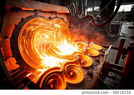flame on metal in shop of factory for rolling aluminum and manufacture of products, generative ai flame on metal in shop of factory for rolling aluminum and manufacture of products, generative ai 99218158