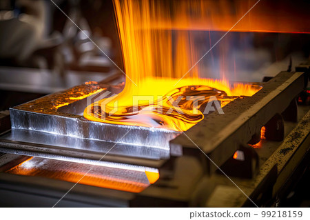 flame on metal in shop of factory for rolling aluminum and manufacture of products, generative ai flame on metal in shop of factory for rolling aluminum and manufacture of products, generative ai 99218159