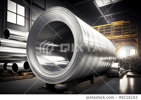 aluminum pipes and sheets of aluminum industry rolled up in stock, generative ai 99218183