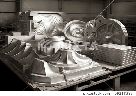 aluminum cast products produced on conveyor belt at aluminum industry factory, generative ai aluminum cast products produced on conveyor belt at aluminum industry factory, generative ai 99218385